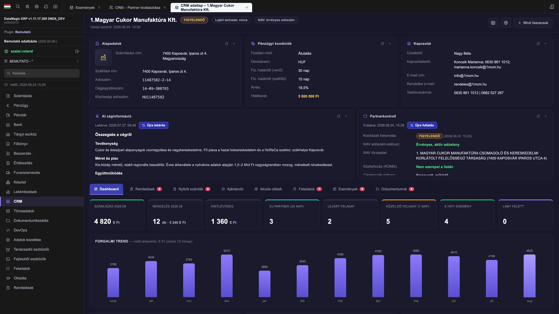 DataMagic CRM – partner adatlap, partnerkontroll