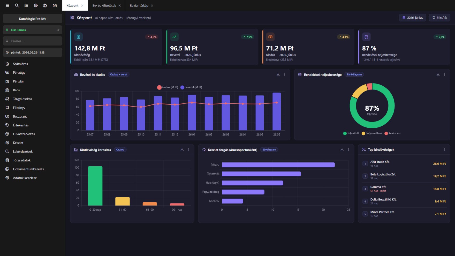 DataMagic ERP – pénzügyi áttekintő kontrollpanel