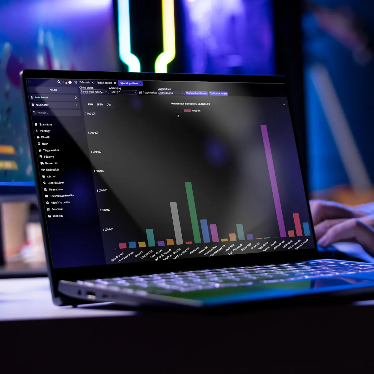 DataMagic NextGEN ERP – dinamikus kimutatáskészítő, partner-bizonylat oszlopdiagram