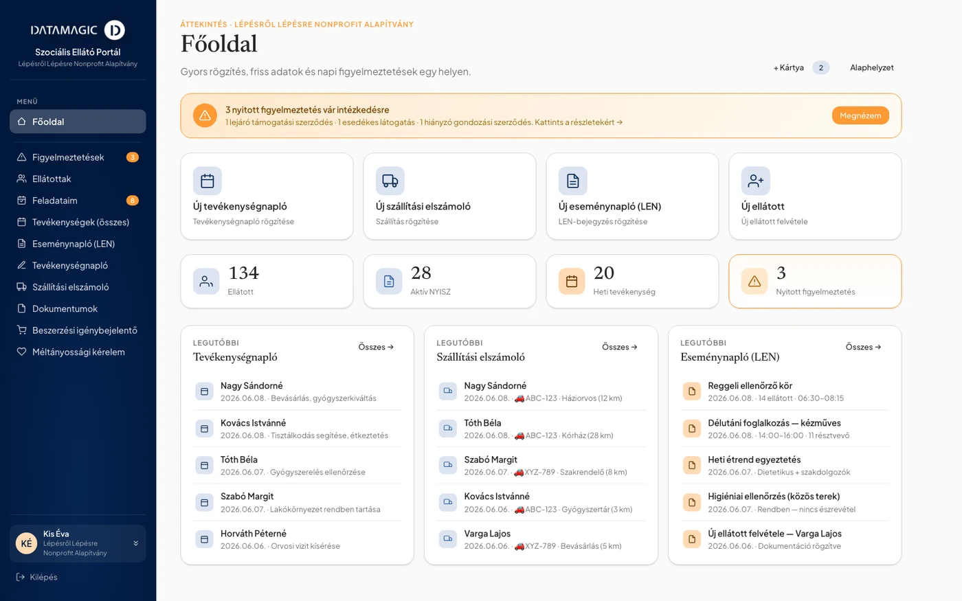 DataMagic Szociális Portál főoldal – tevékenységnapló, szállítási elszámoló, eseménynapló bejegyzések, statisztikák