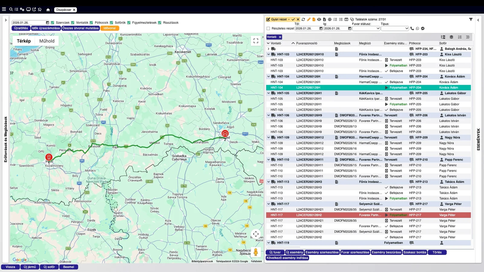 DataMagic TMS – diszpécseri térképnézet, fuvarmegbízás-listával